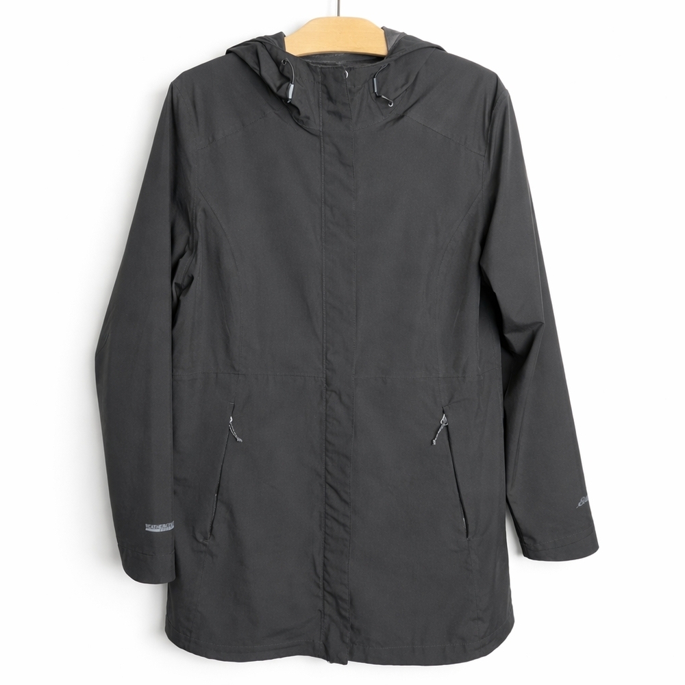 Eddie Bauer WeatherEdge Stretch Hooded Rain Jacket Coat Black Women L Waterproof